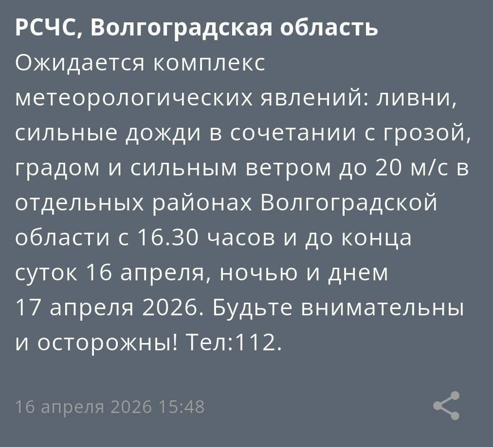 В Волгоградской области объявлено экстренное предупреждение из-за ливней и шквалистого ветра