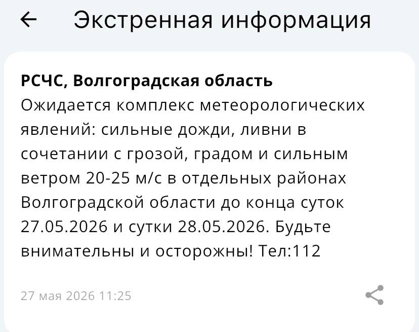 Ливни, грозы и ветер до 25 м/с накроют Волгоградскую область 28 мая